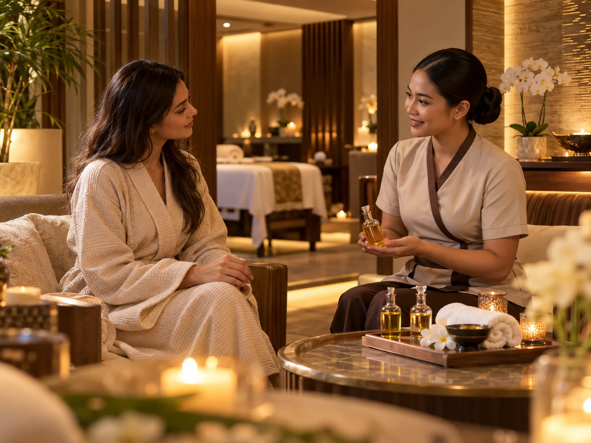 Oil Massage Welcome and Preferences at RYOKO Dubai Guest consultation before an oil massage at RYOKO Massage Center in Al Barsha, Dubai.