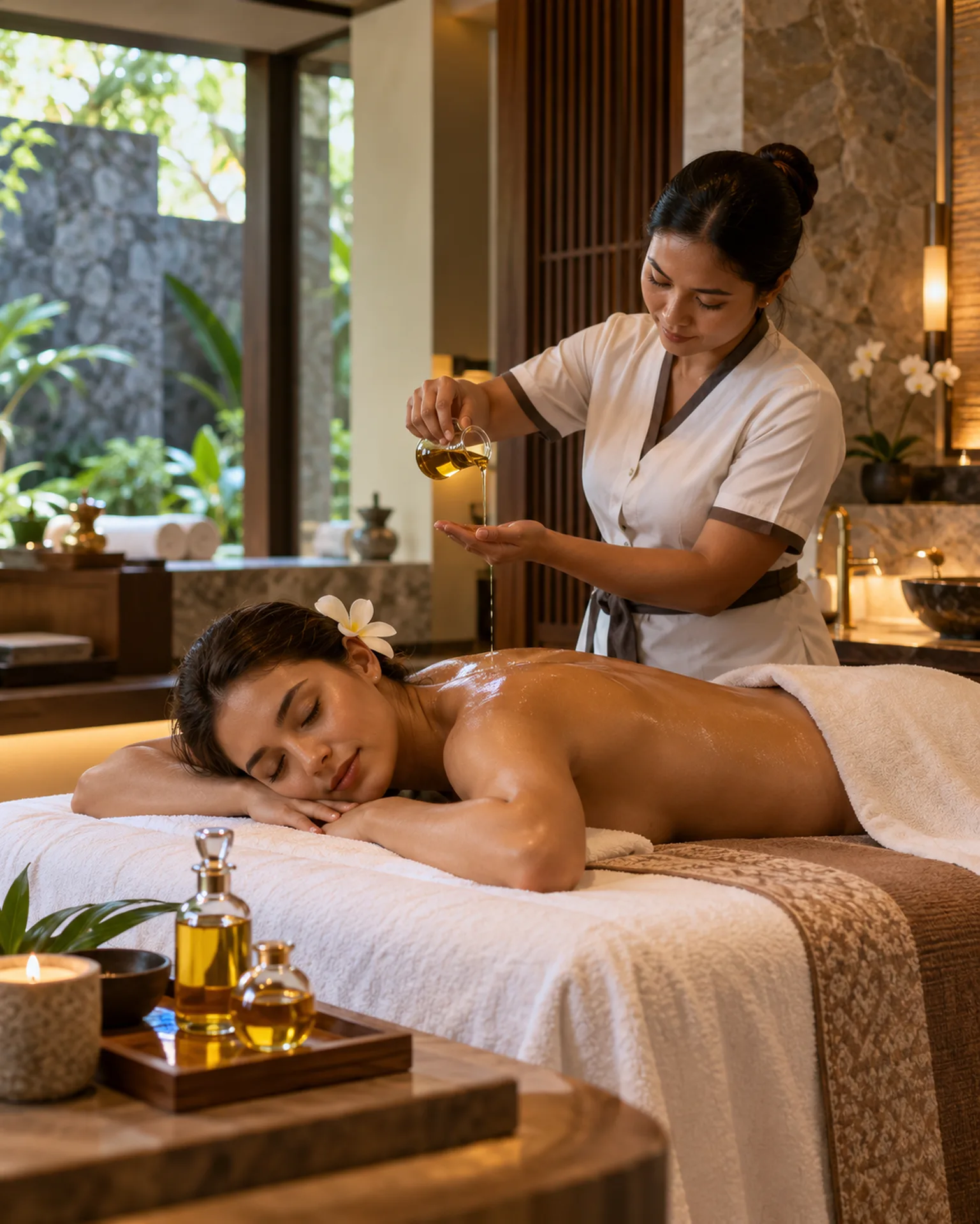 Therapist pouring massage oil for a guest during an oil massage at RYOKO Massage Center in Al Barsha, Dubai.