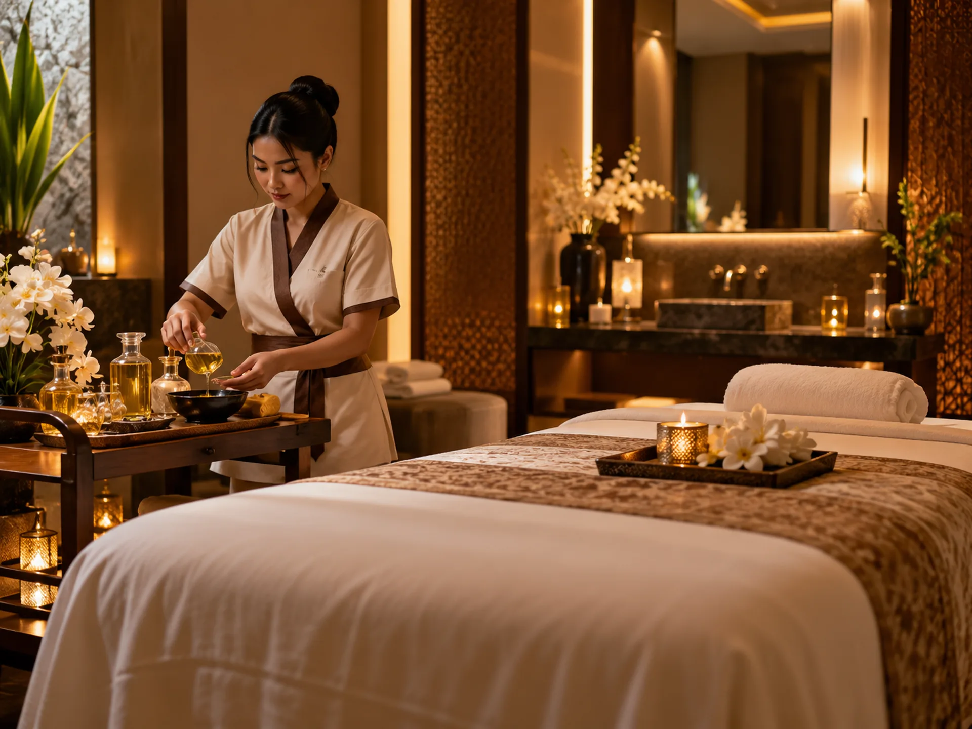 Therapist preparing massage oil beside the treatment table at RYOKO in Al Barsha, Dubai.