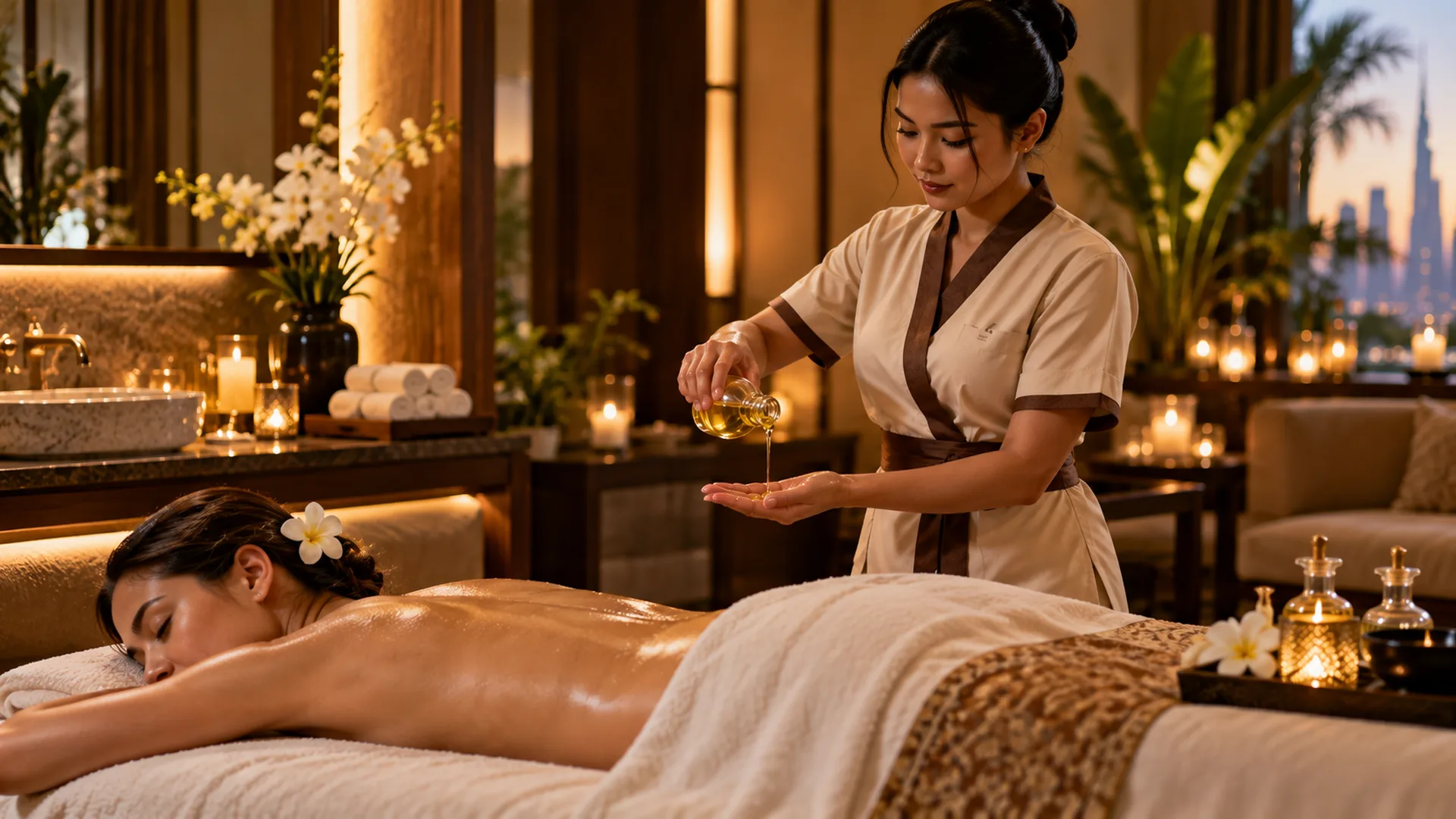 Therapist pouring oil at the close of an oil massage in a calm room at RYOKO in Al Barsha, Dubai.