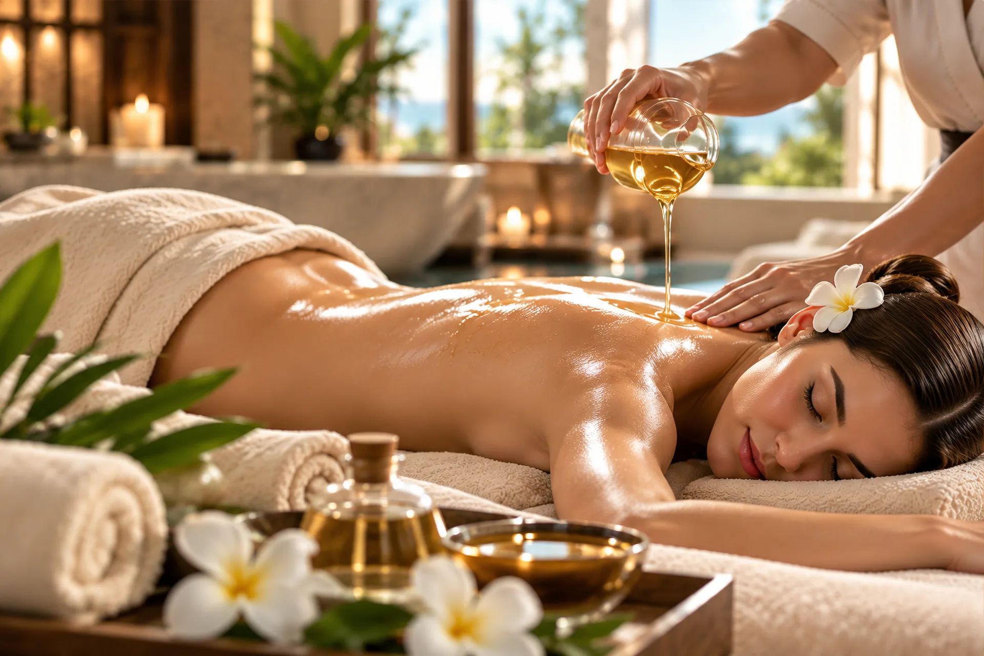Female therapist applying warm massage oil during a relaxing spa treatment.