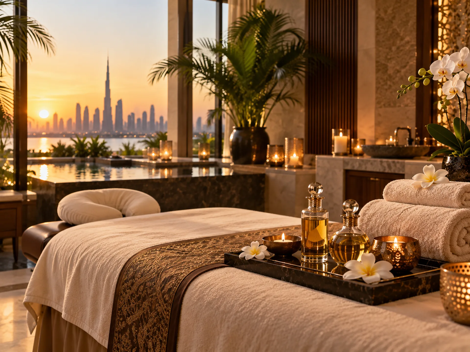 Oil Massage Treatment Room at RYOKO Al Barsha Luxury treatment room prepared for an oil massage at RYOKO in Al Barsha, Dubai.