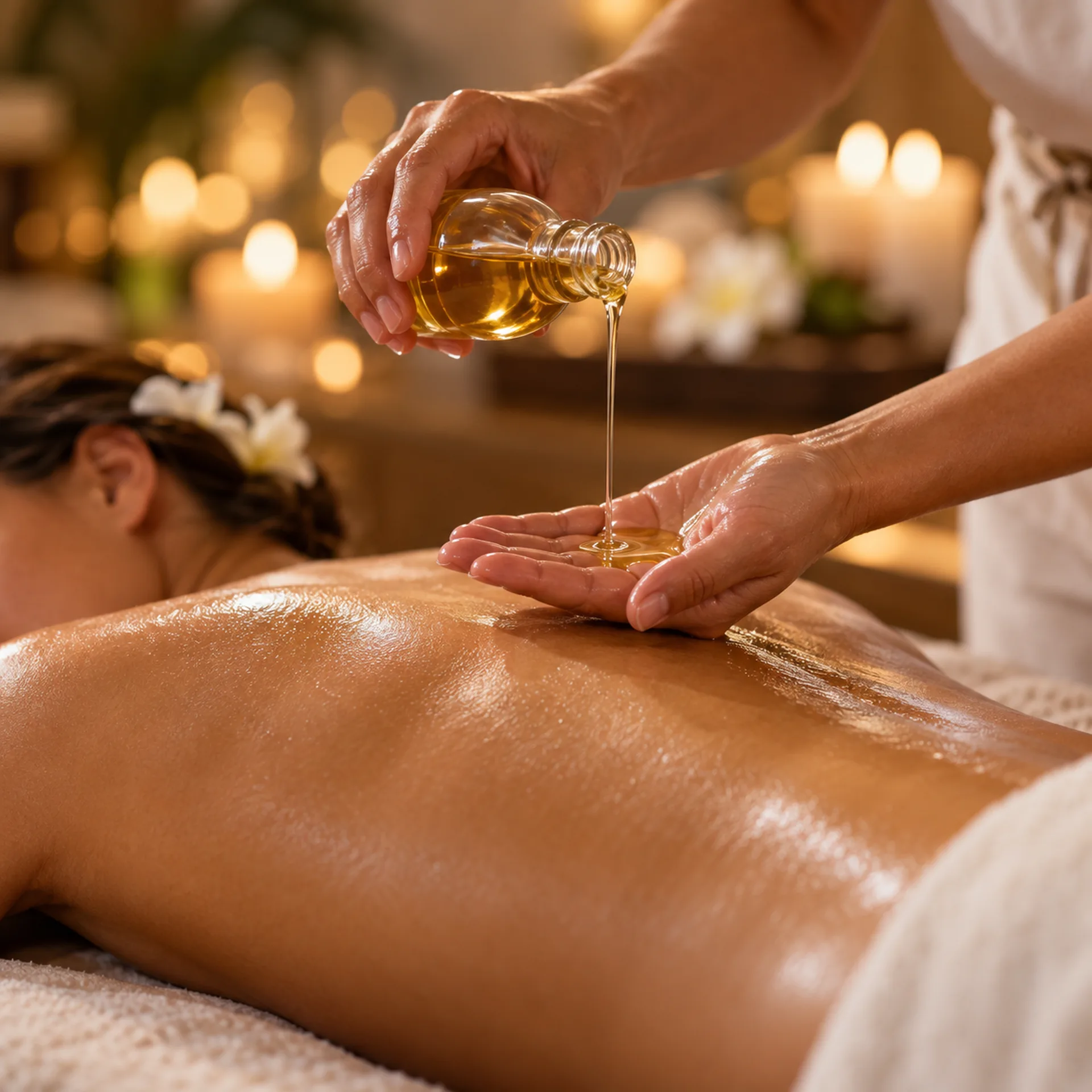 Massage oil poured into a therapist's hand for a smooth oil massage at RYOKO in Al Barsha, Dubai.