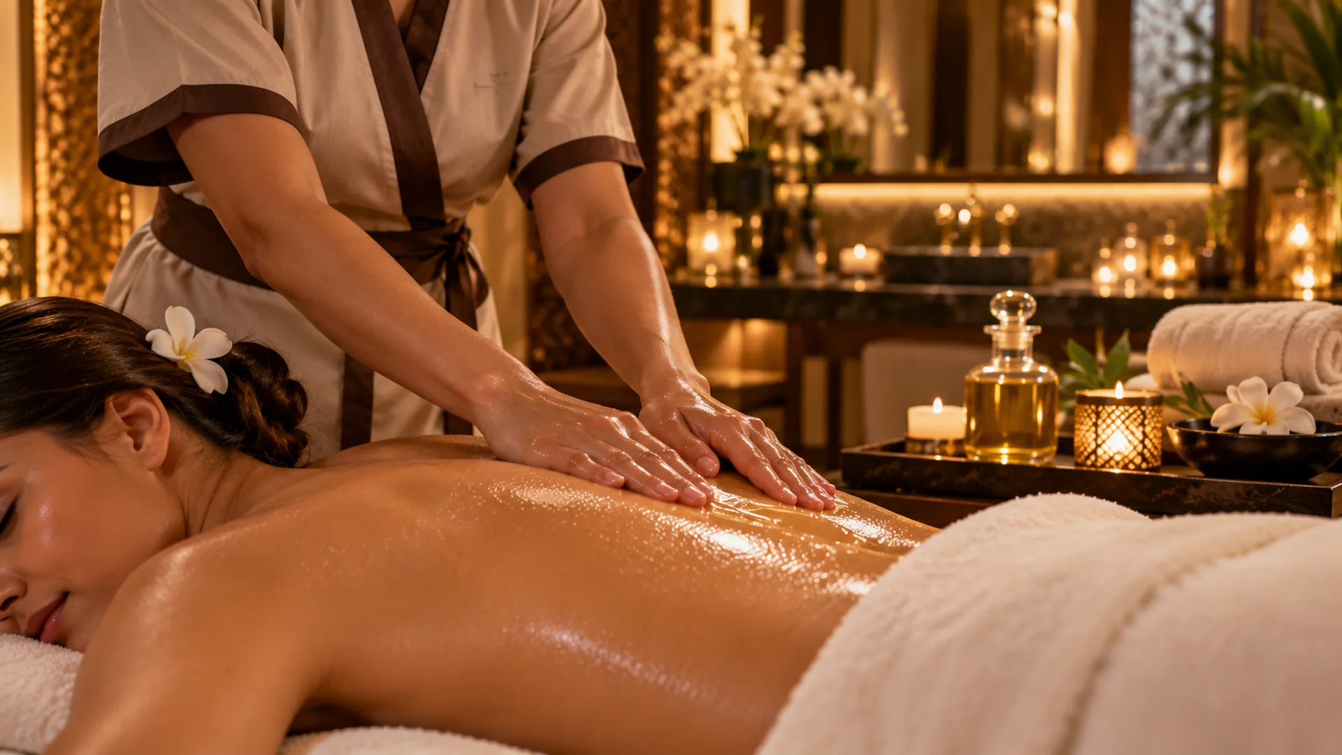 Therapist applying oil in slow strokes during an oil massage at RYOKO in Al Barsha, Dubai.