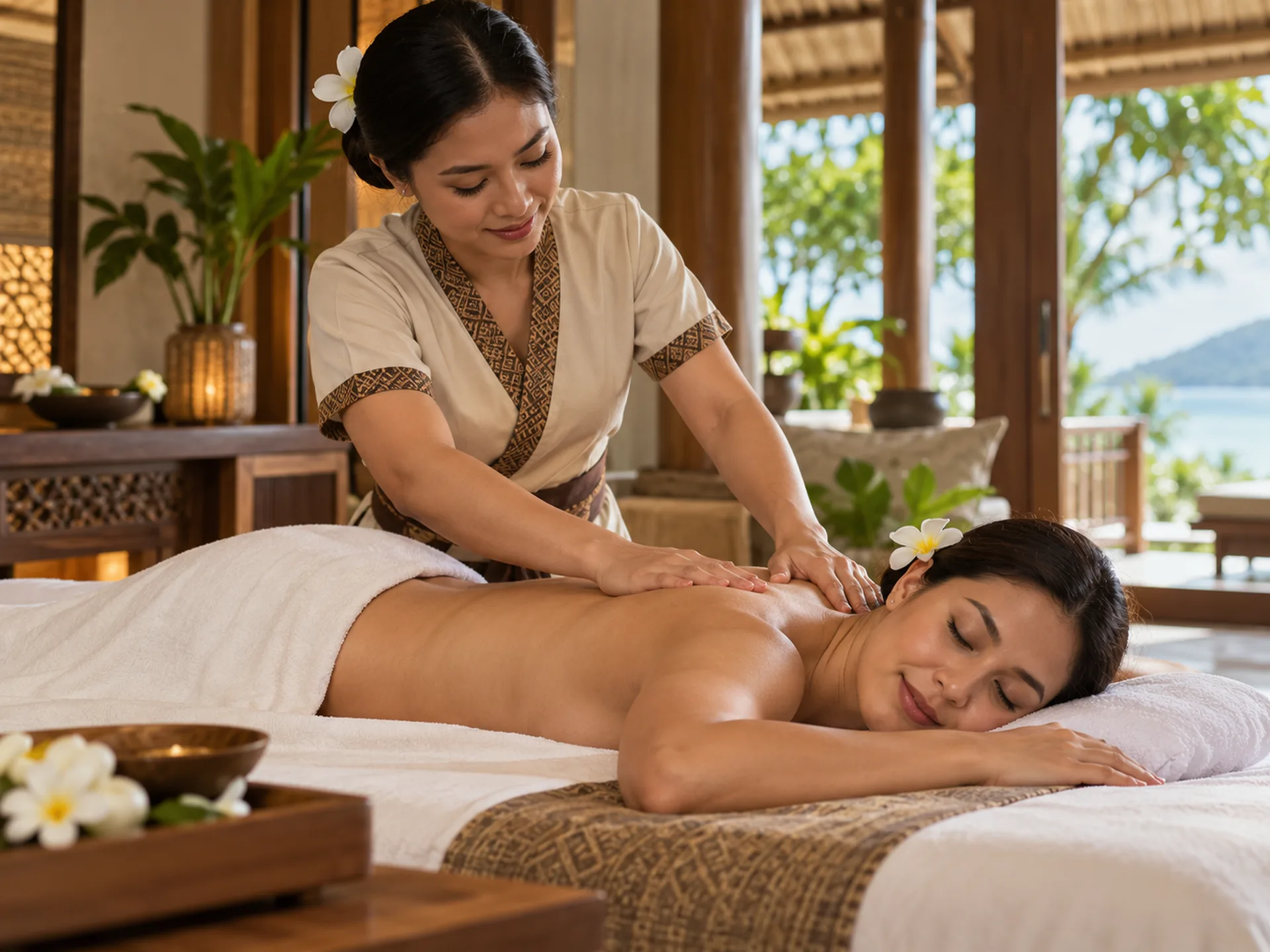Therapist applying gentle, adjustable hand pressure to a guest's shoulders during a massage.