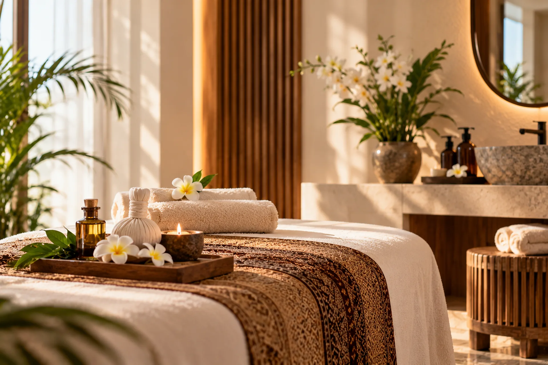 Massage bed with folded towels, aromatic oil and tropical flowers in a warmly lit spa-inspired room.