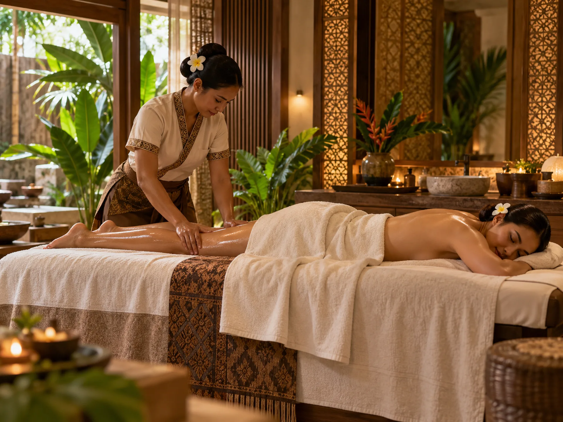 Spa therapist massaging a guest's legs as part of a full-body relaxation treatment.