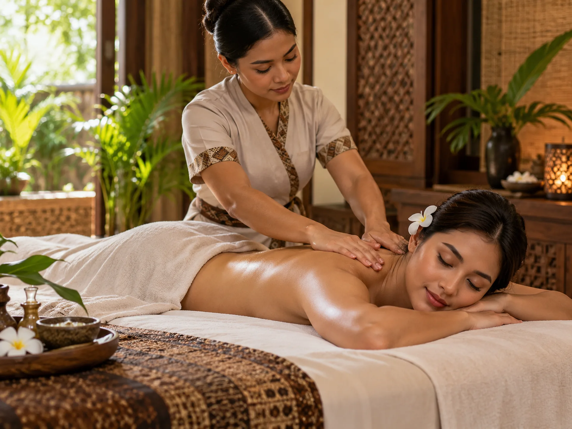 Massage therapist using smooth, unhurried strokes across a guest's upper back.