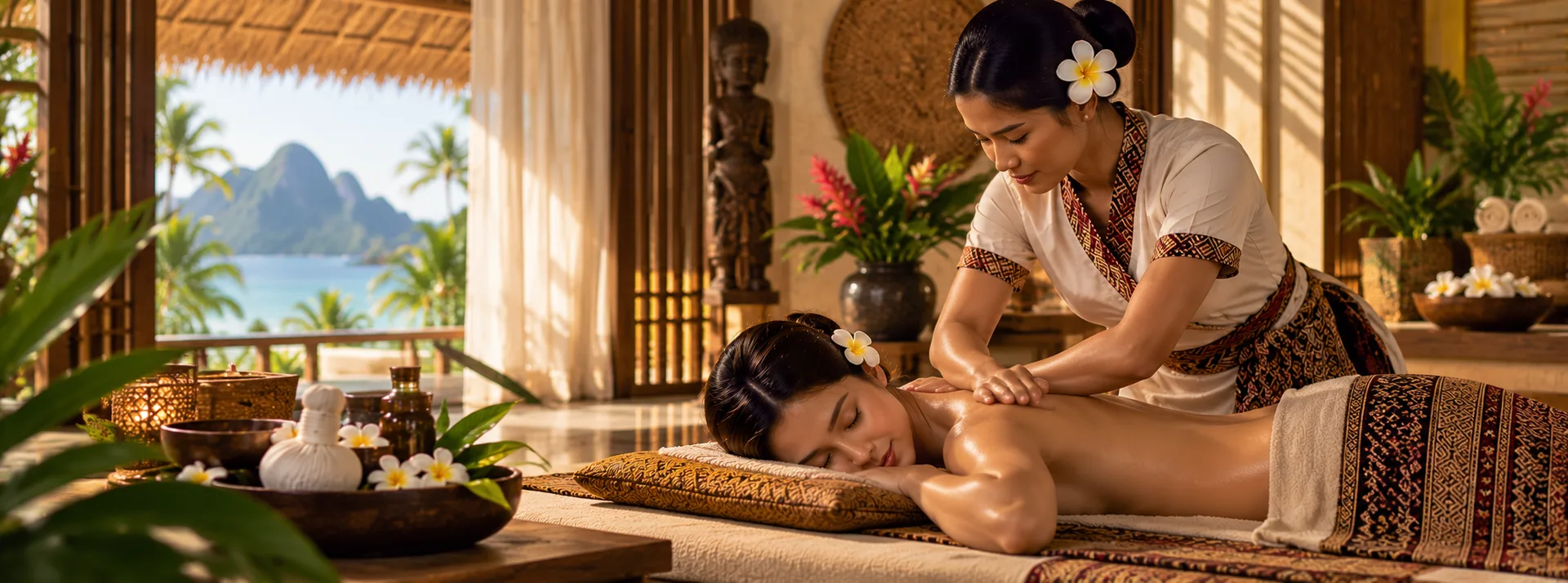 Filipino-inspired massage scene with a therapist gently massaging a guest in a tropical spa setting.