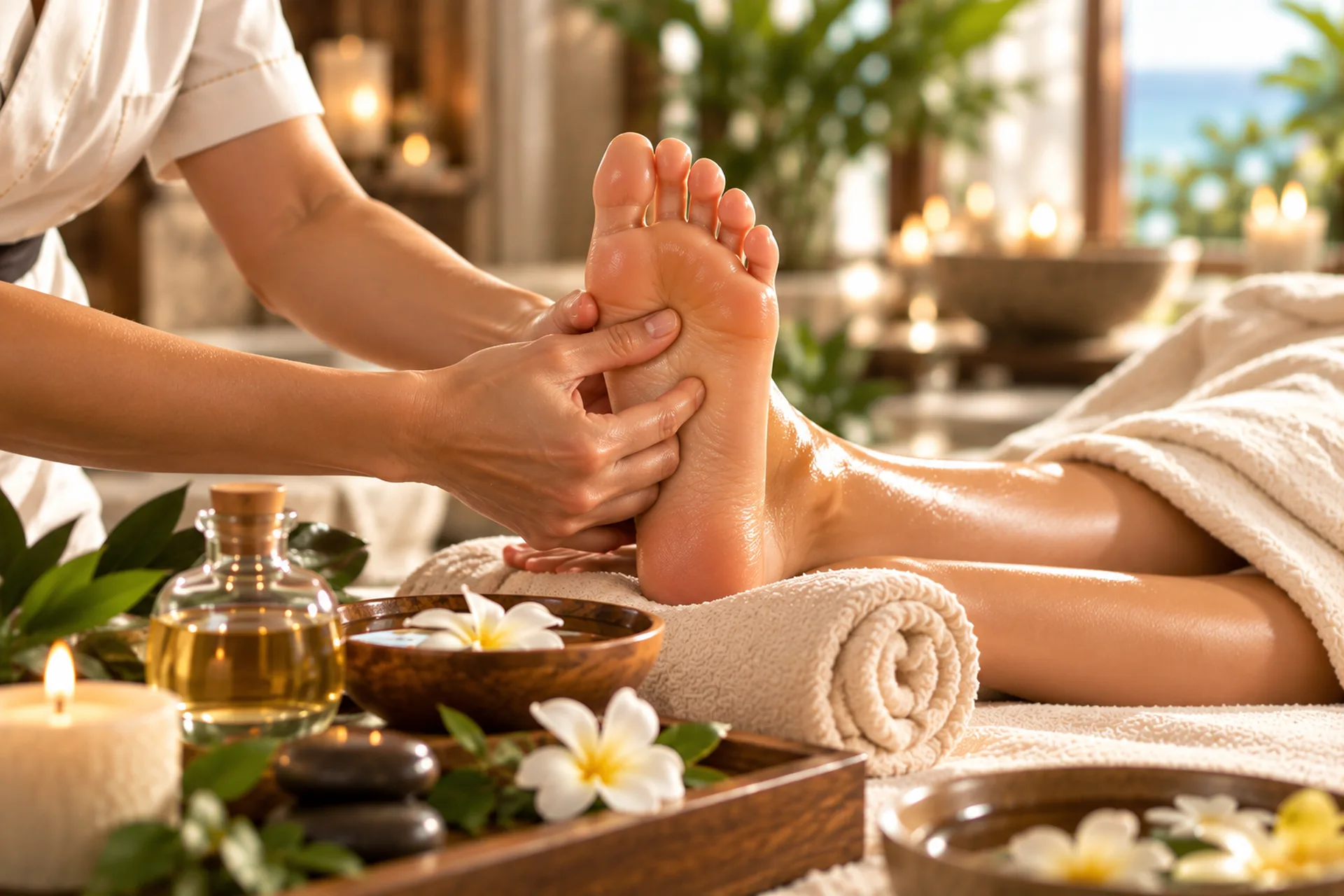 Therapist applying targeted thumb pressure to the sole during a foot reflexology treatment.