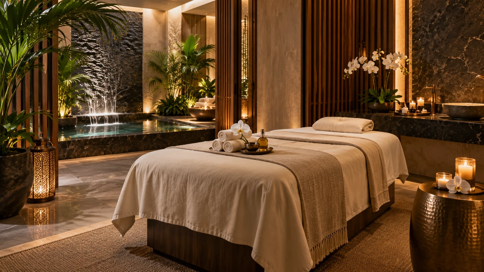 Luxury spa treatment room with a massage bed, warm lighting, folded towels and an indoor waterfall.