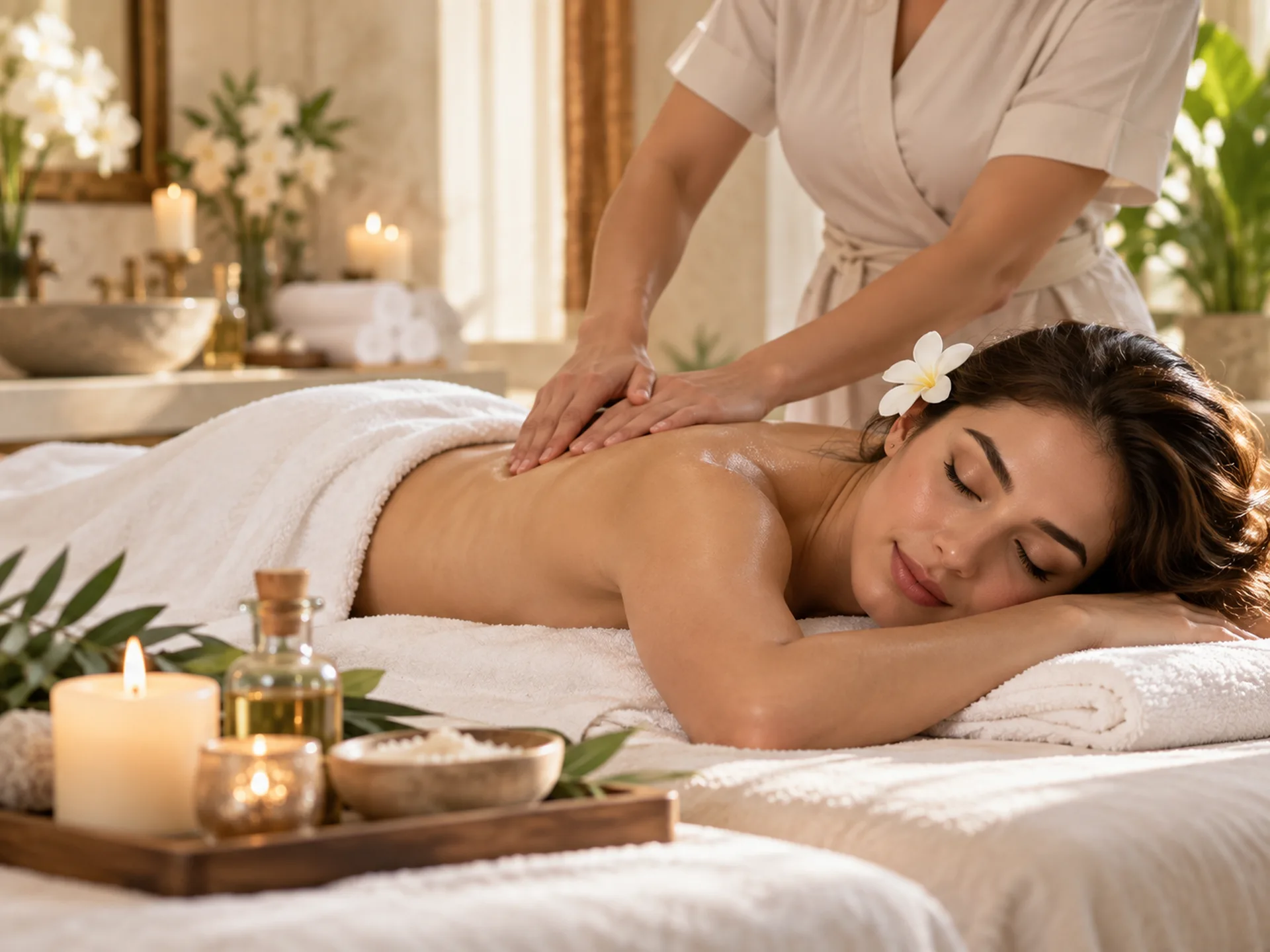 Woman receiving a gentle relaxing back massage in a luxury spa setting.
