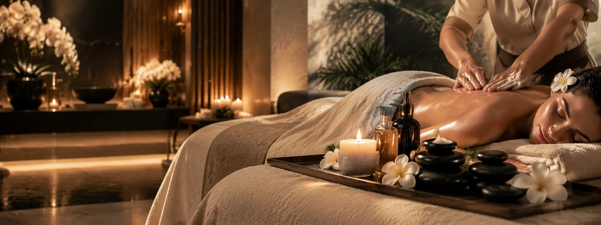 A calm massage treatment with candles, oils, and hot stones at RYOKO Massage Center