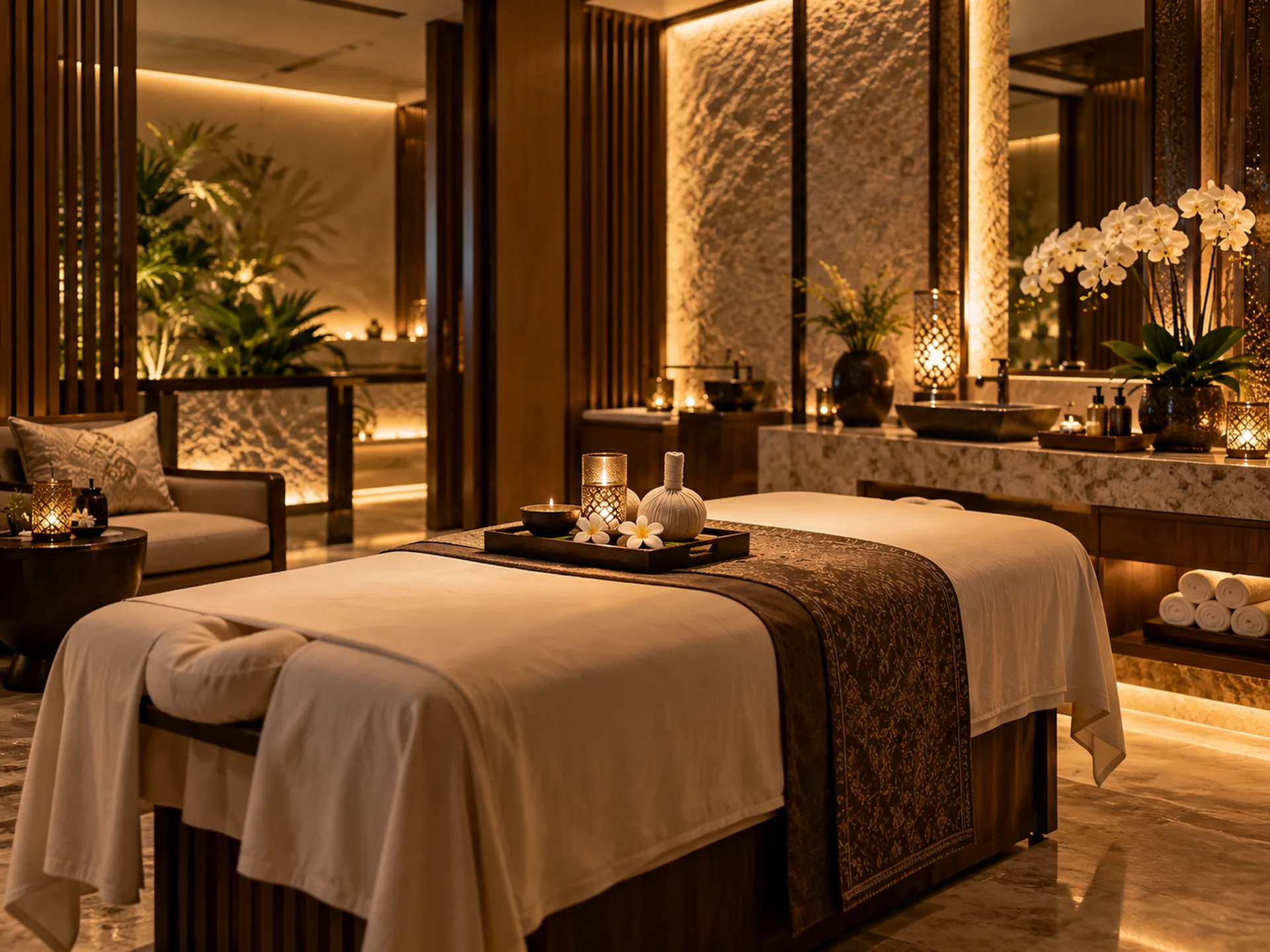 A treatment room prepared before a couples massage.