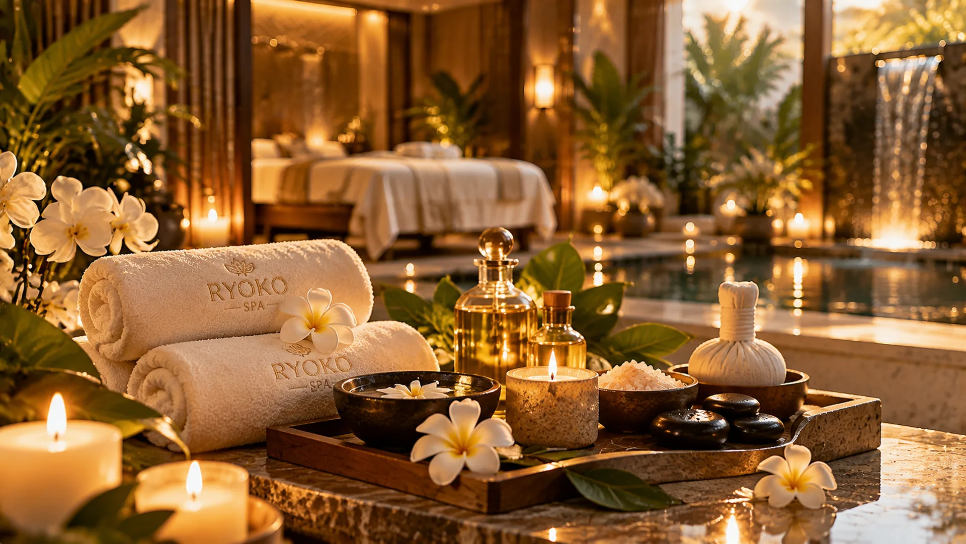 Luxury spa setting at RYOKO Massage Center in Al Barsha, Dubai, featuring massage oils, towels and a relaxing treatment room.