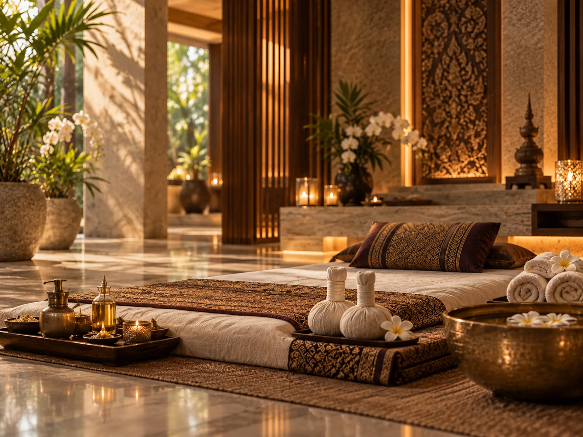 A floor mat prepared with cushions, herbal compresses, and warm light for Thai massage at RYOKO in Al Barsha, Dubai.