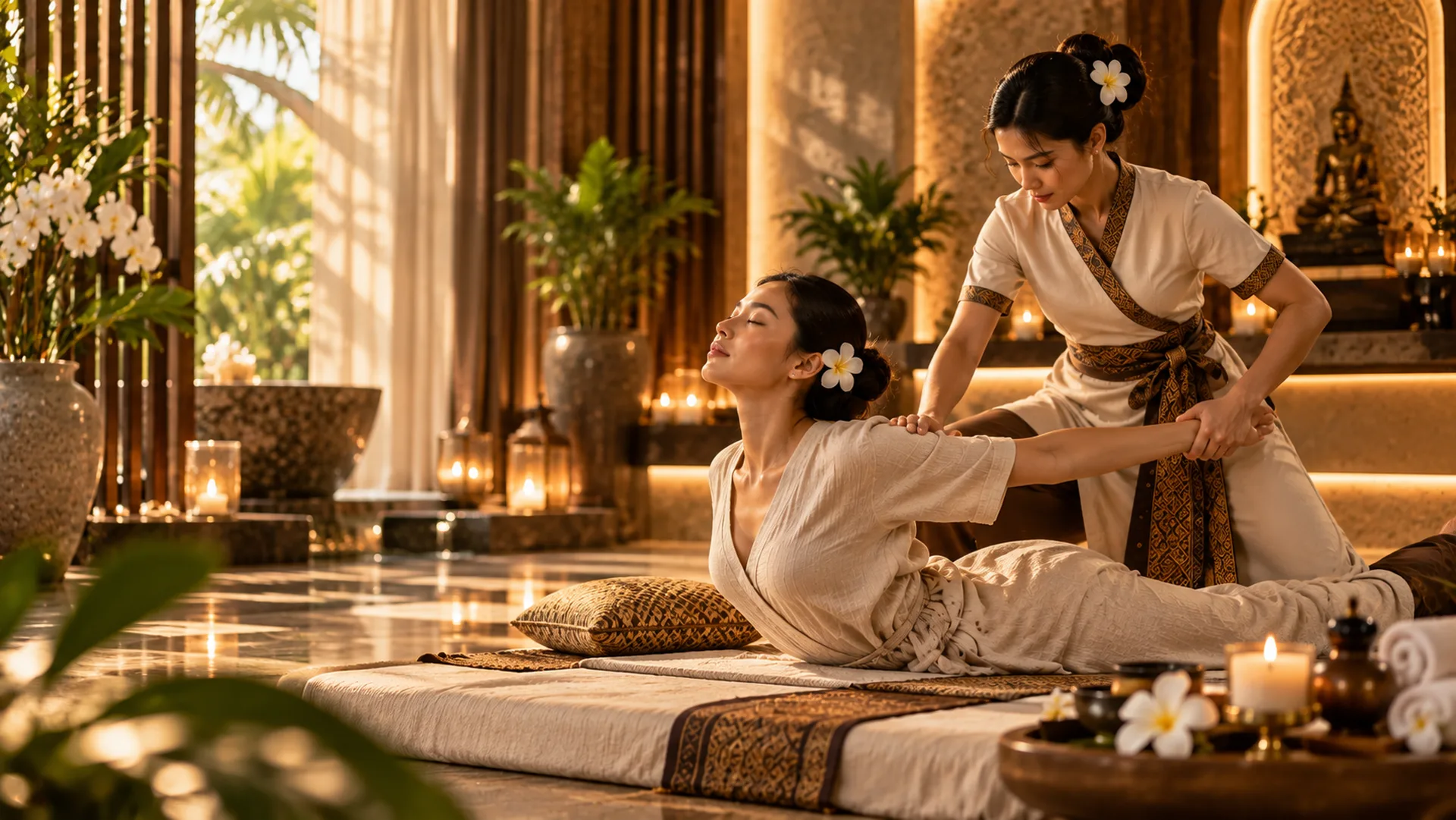 A therapist guides a clothed guest through a stretch on a floor mat during Thai massage at RYOKO in Al Barsha, Dubai.
