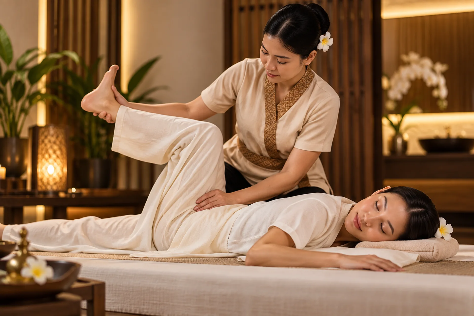 Therapist guiding a clothed guest through a leg stretch during Thai massage at RYOKO in Al Barsha, Dubai.