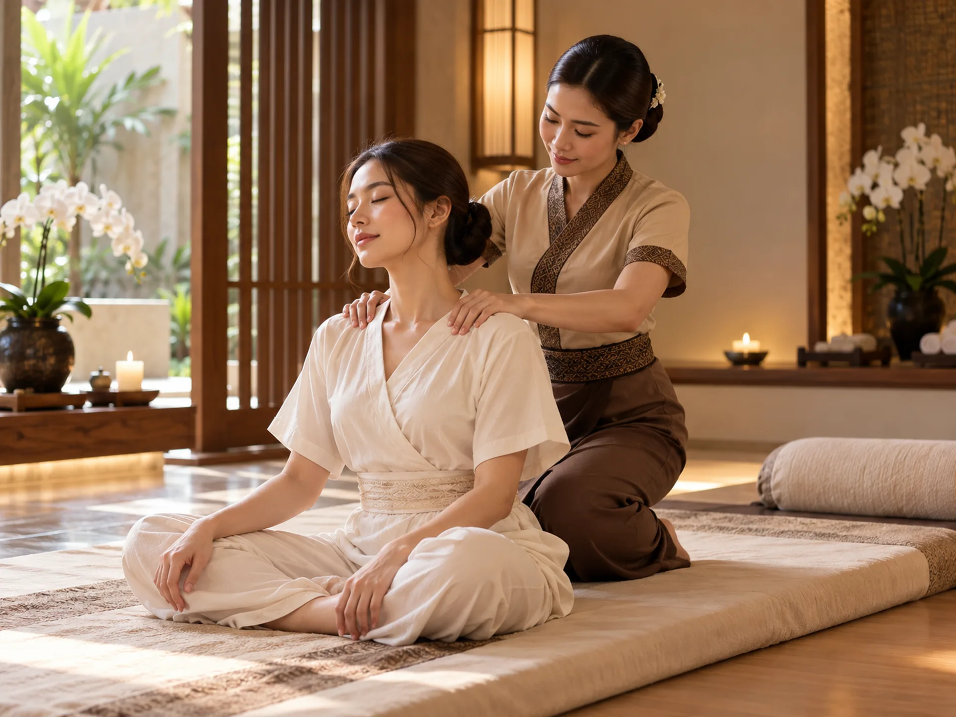Therapist resting both hands on a guest's shoulders during Thai massage at RYOKO in Al Barsha, Dubai.