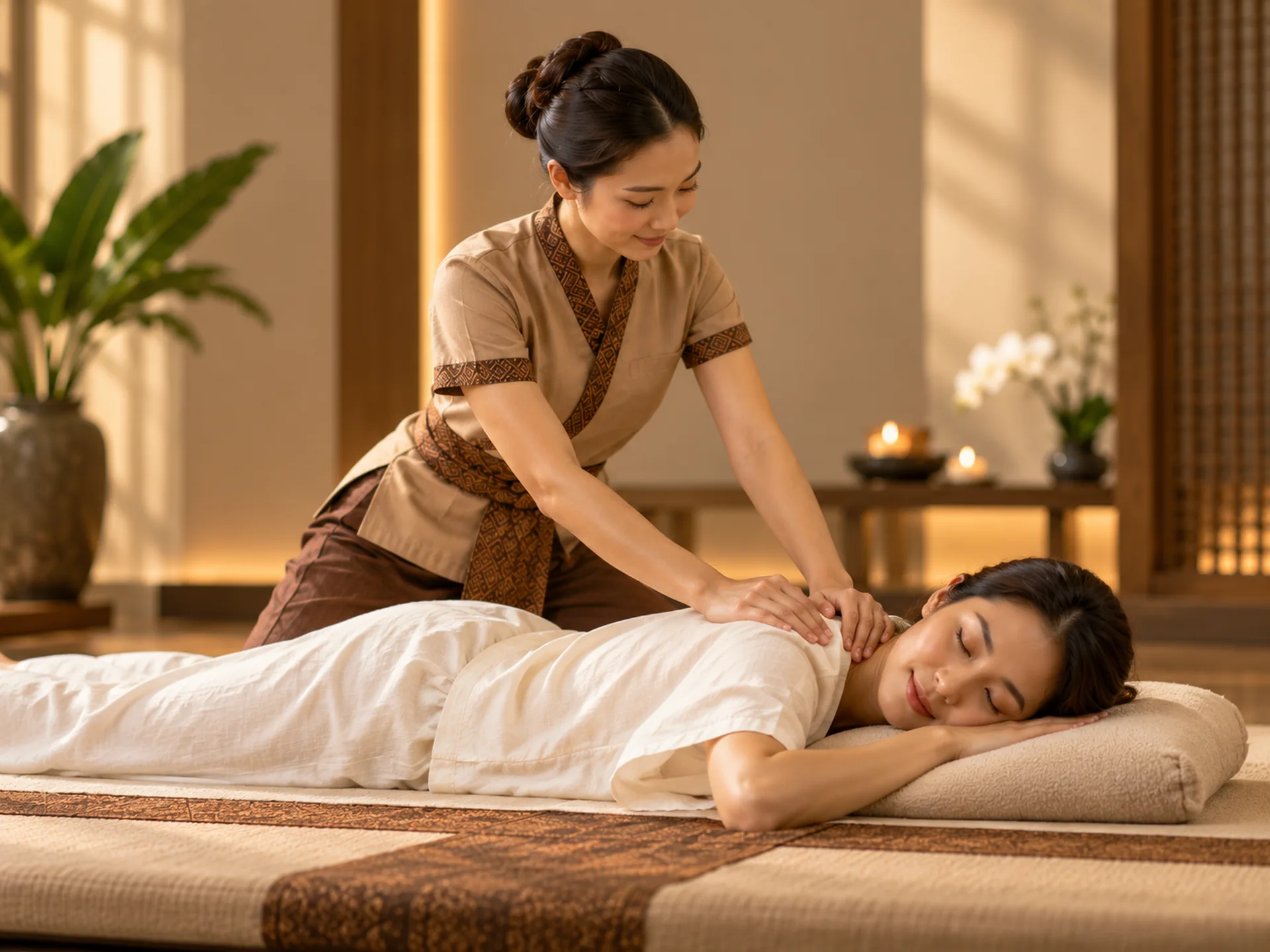 Therapist applying rhythmic pressure across the shoulders during Thai massage at RYOKO in Al Barsha, Dubai.