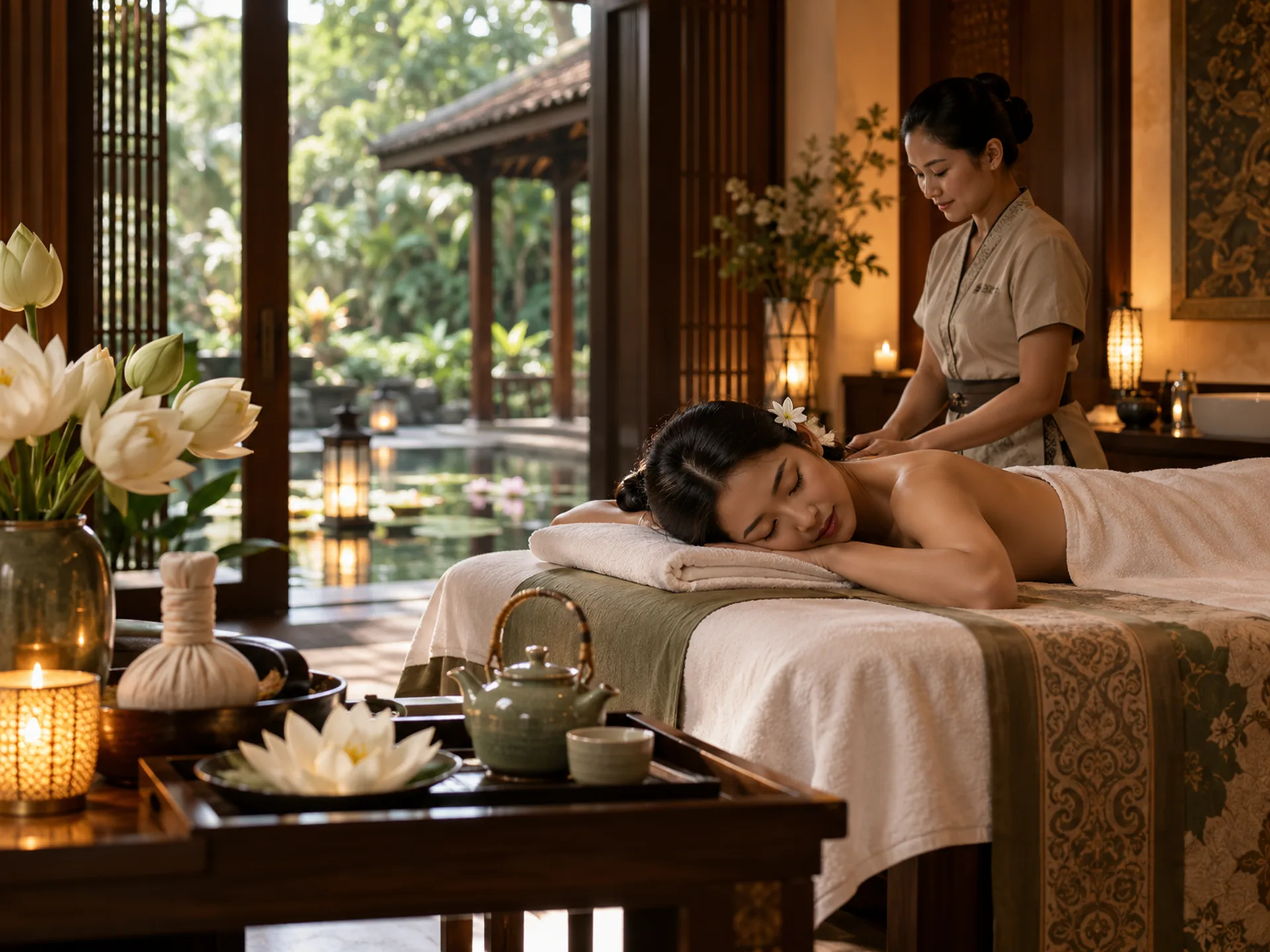 Peaceful spa massage session in a private treatment room overlooking a quiet garden and water feature.