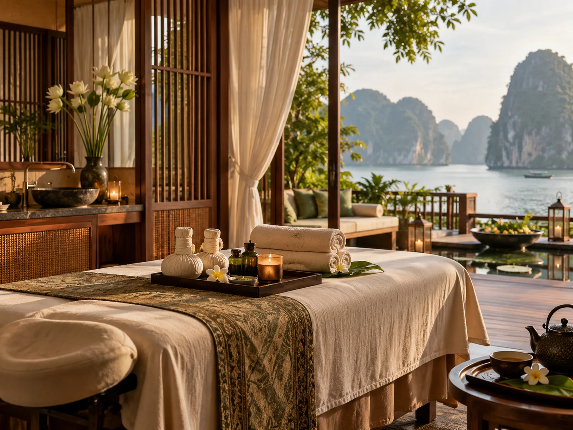 Warm Vietnamese-inspired spa room featuring a massage table, folded towels, massage oils and a view of limestone cliffs.
