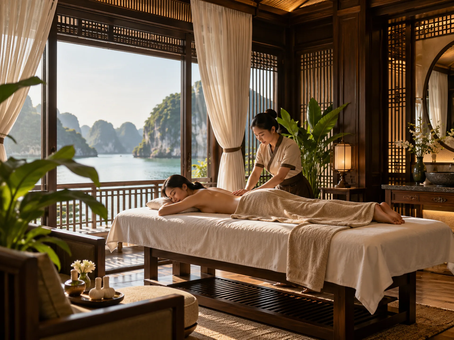 Wide view of a therapist providing an unhurried massage in a private, wood-lined spa room overlooking a bay.
