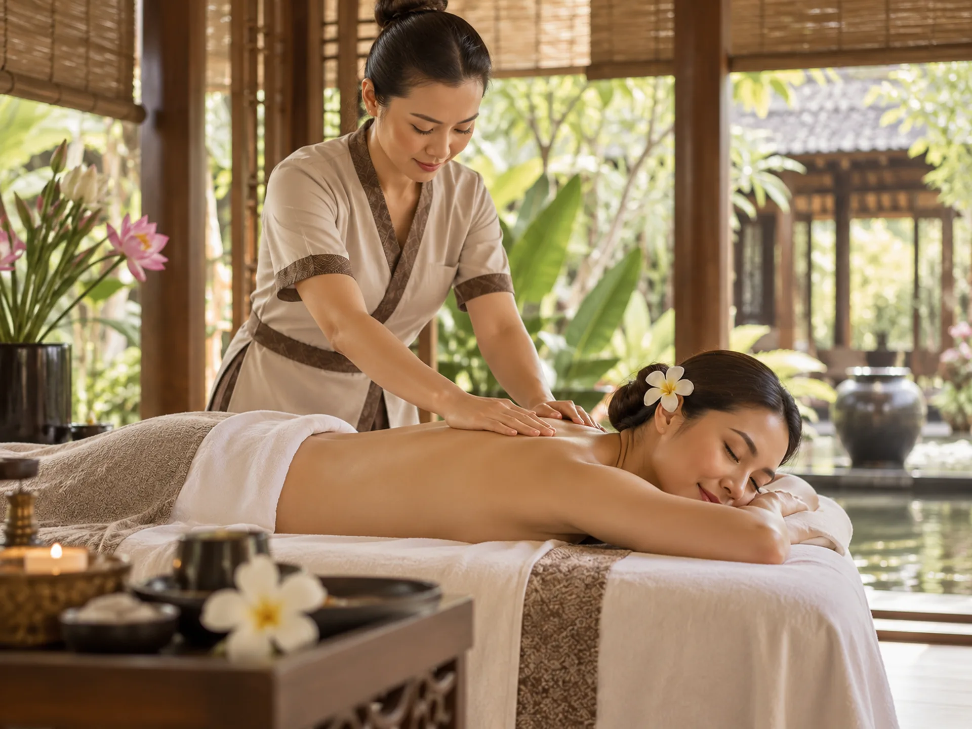 Spa therapist applying measured hand pressure to a guest’s back on a massage table in a naturally lit room.
