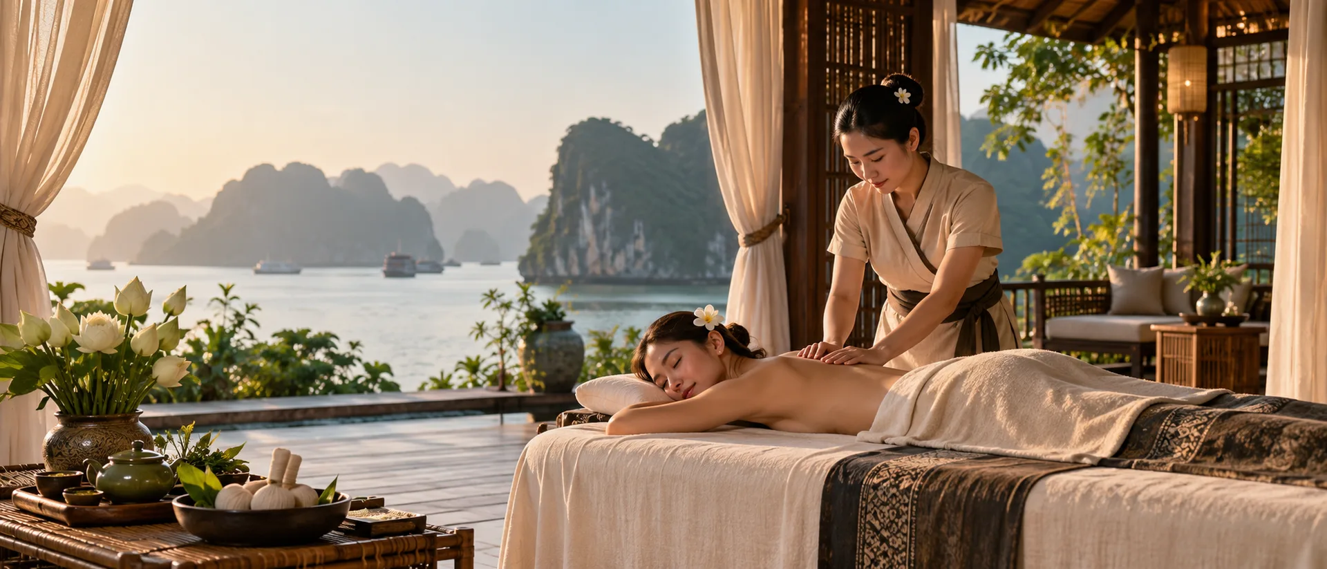 Vietnamese-inspired massage scene overlooking a calm limestone bay, with a therapist gently massaging a guest.