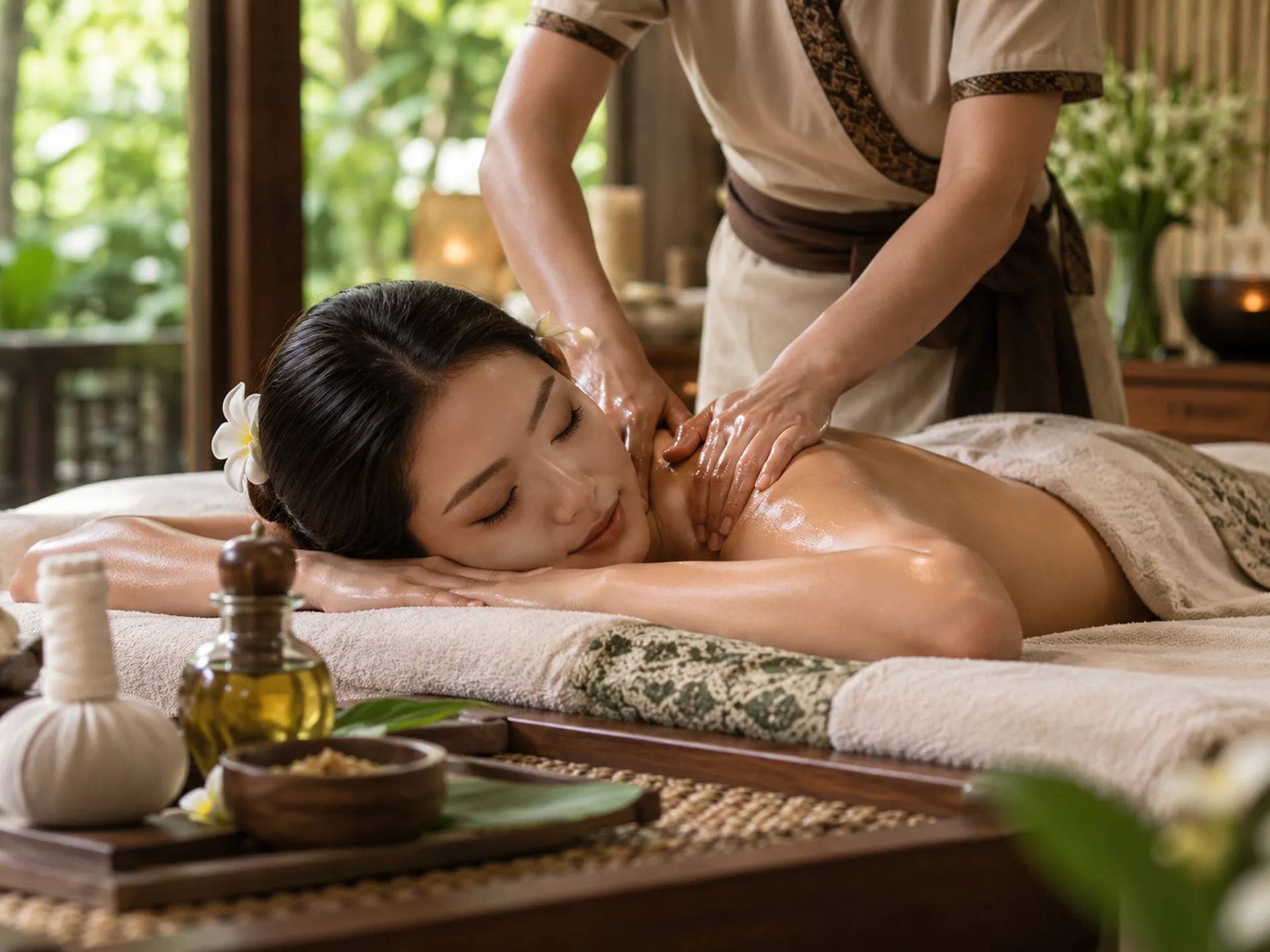 Close-up of a therapist gently massaging a guest’s neck and shoulders during a relaxation session.