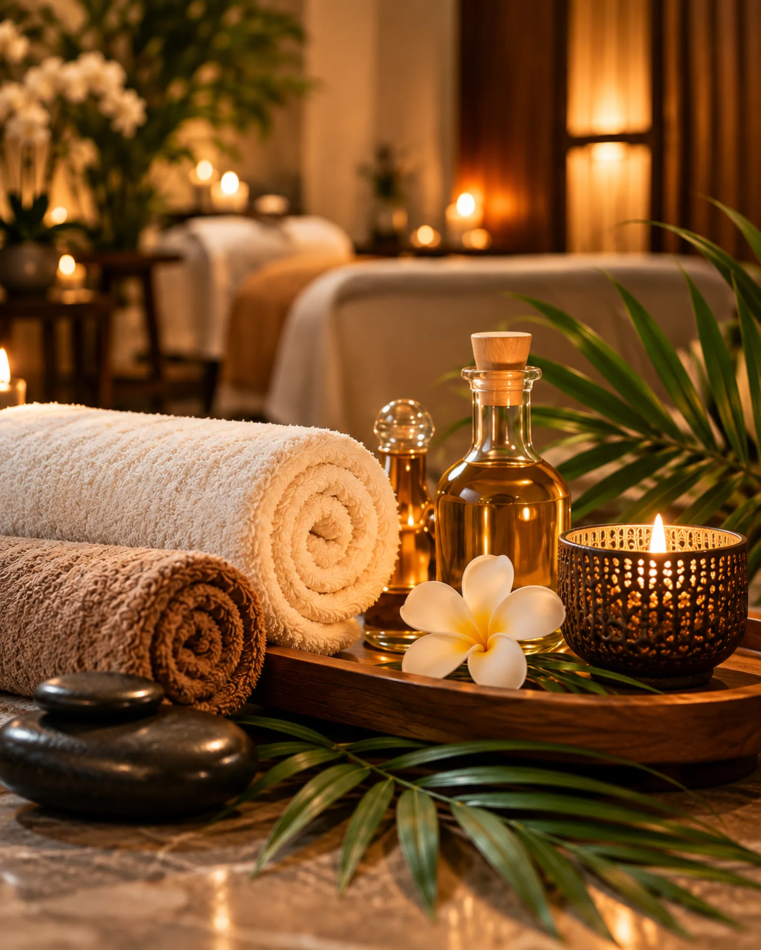 Luxury Swedish massage spa setting with towels, massage oil, candles and flowers at RYOKO Massage Center in Al Barsha, Dubai.