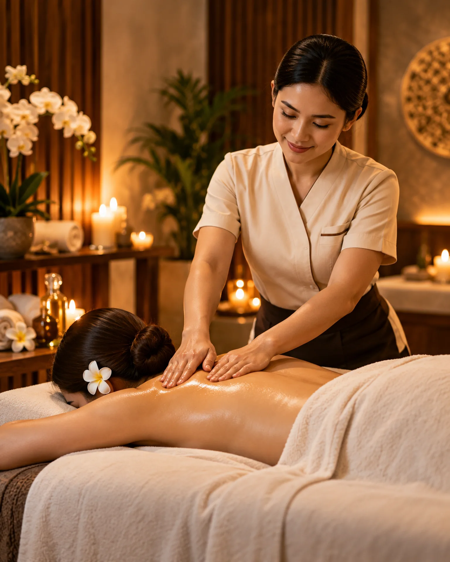 Professional therapist applying smooth comfortable-pressure Swedish massage techniques at RYOKO Massage Center in Al Barsha, Dubai.