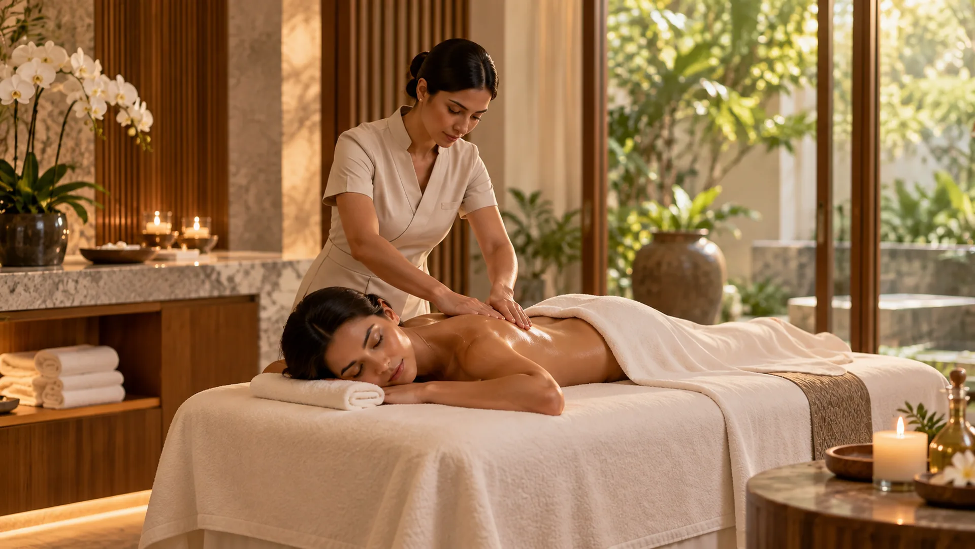 Therapist giving long, rhythmic Swedish massage strokes at RYOKO Massage Center in Al Barsha, Dubai.