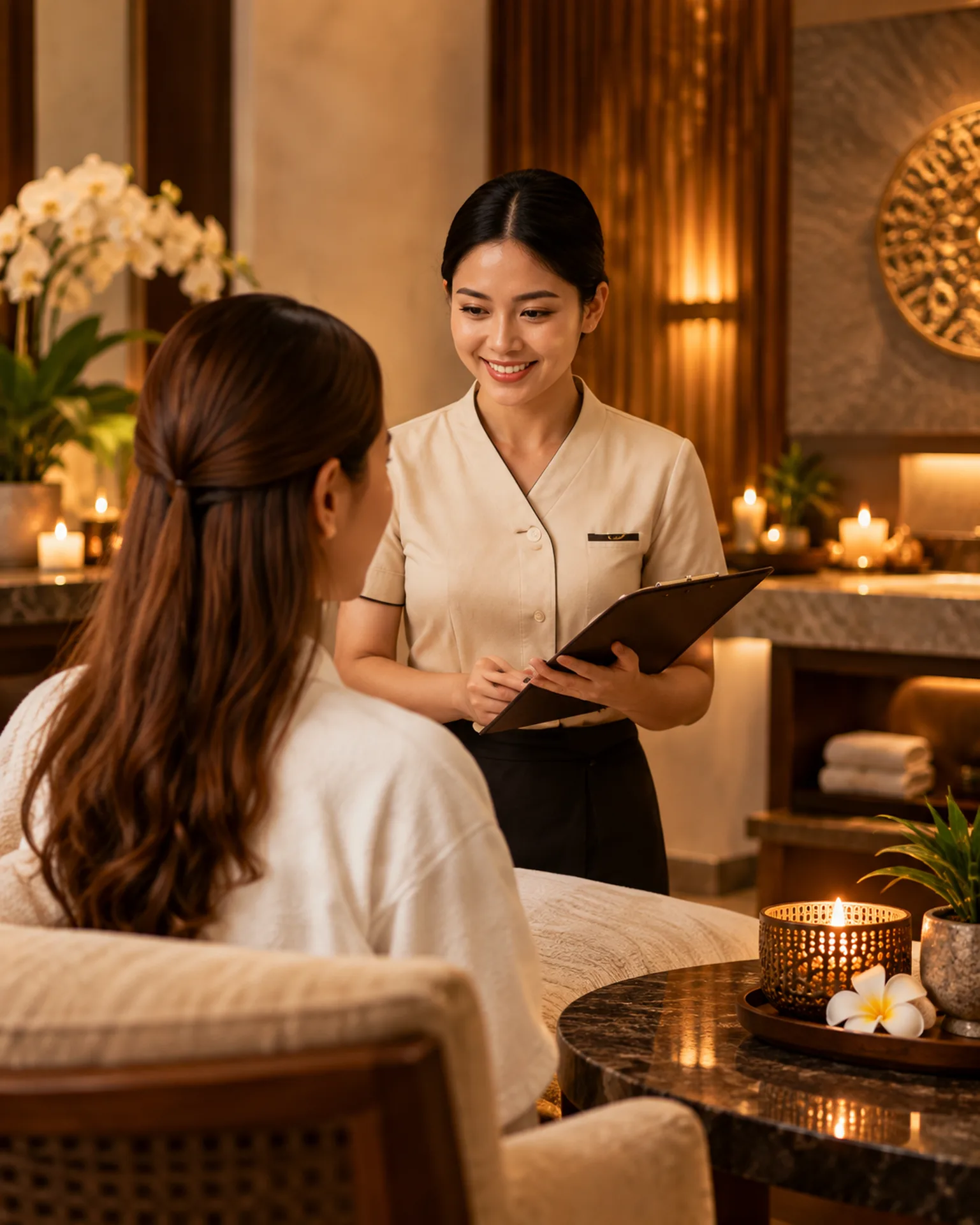 Swedish massage consultation at RYOKO Massage Center before a relaxing treatment in Al Barsha, Dubai.