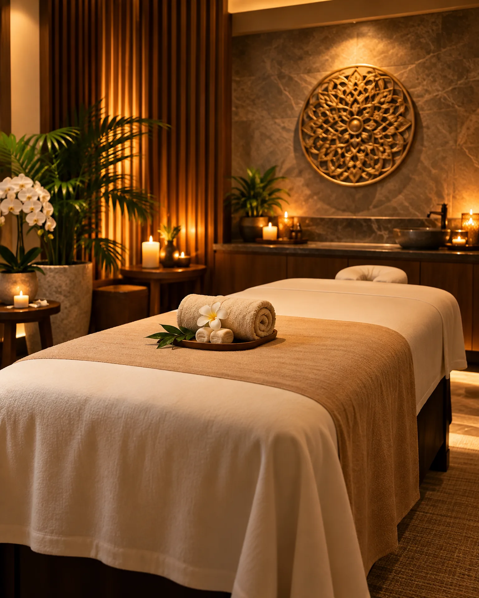 Private massage treatment room prepared for a full-body Swedish massage at RYOKO Massage Center in Al Barsha, Dubai.