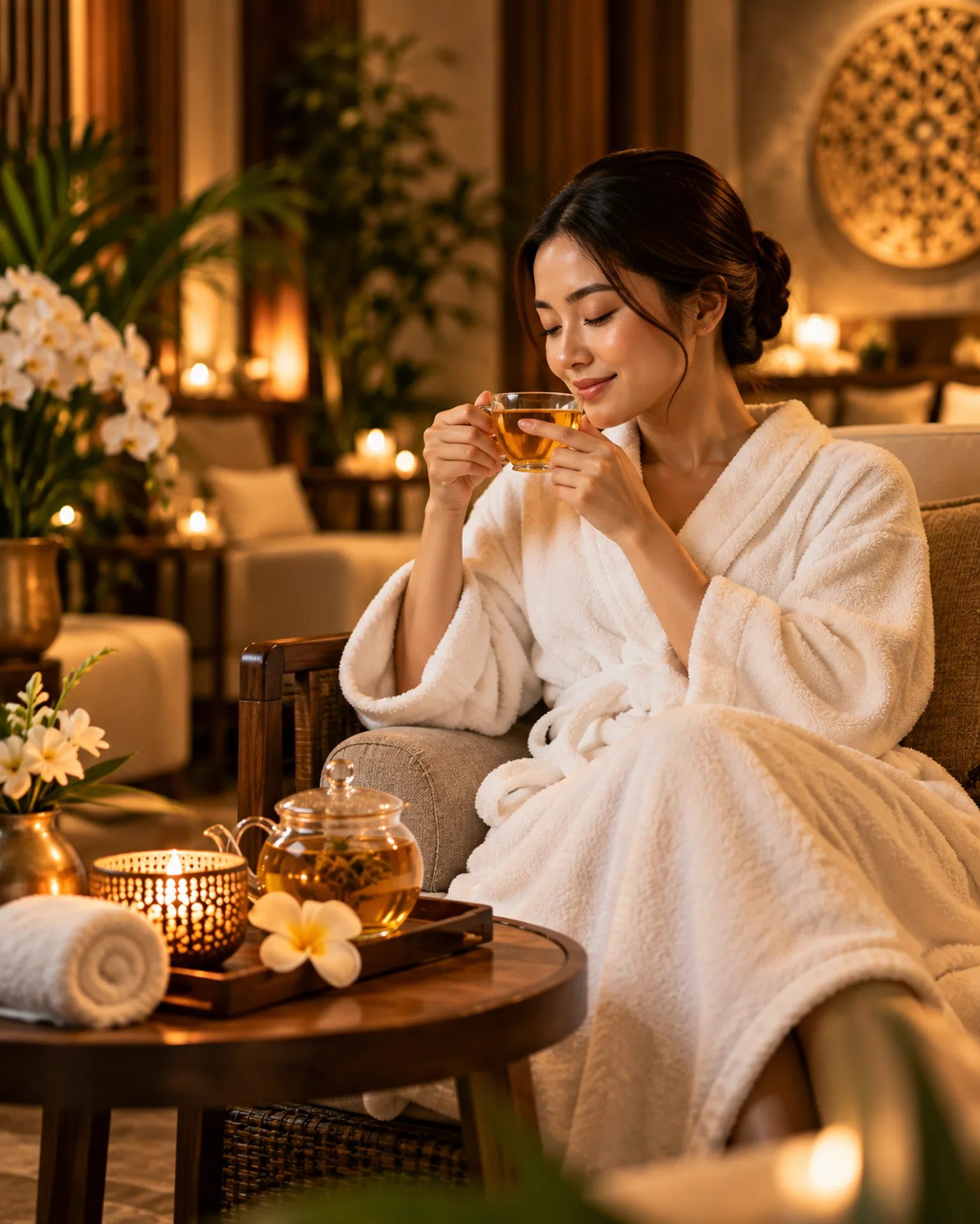 Relaxing tea and quiet spa moment after a Swedish massage at RYOKO Massage Center in Al Barsha, Dubai.